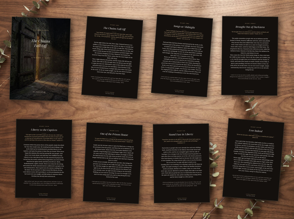 The seven night devotional shown as printed cards on a table